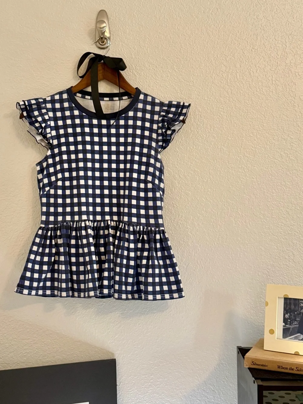 kate spade Navy and White Gingham Ruffle Sleeve Peplum Top